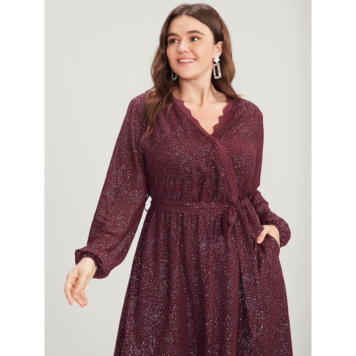Plus Size Polka Dot Wrap Lace Trim Lantern Sleeve Pocket Belted Dress Burgundy Women Party Pocket V-neck Long Sleeve Curvy Midi Dress BloomChic 22-24/3X Product Image