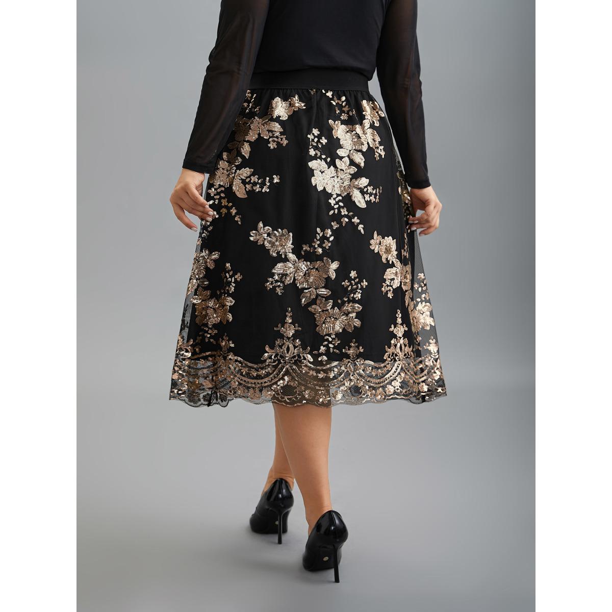 Plus Size Sequin Floral Stretchy Waist Skirt Women Black Cocktail No stretch Party Skirts BloomChic 26/4X Product Image