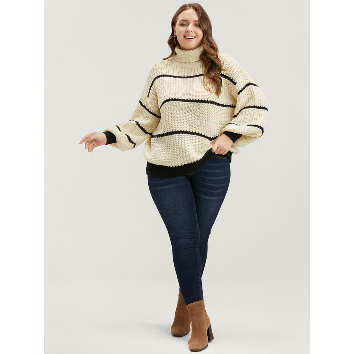 Plus Size Striped Contrast Pointelle Knit Lantern Sleeve Funnel Neck Knit Top Beige Women Elegant Loose Long Sleeve Turtleneck Dailywear Pullovers BloomChic 14-16/1X Product Image
