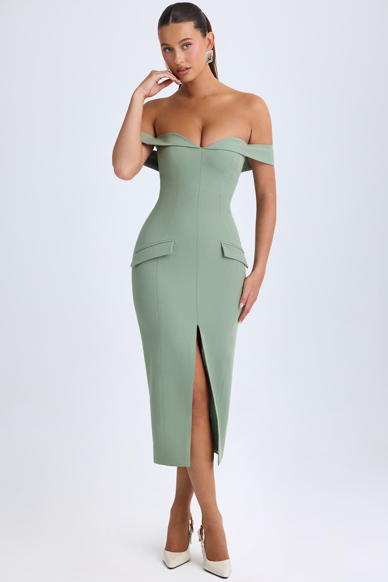 Off-Shoulder Midaxi Dress in Khaki Green Product Image