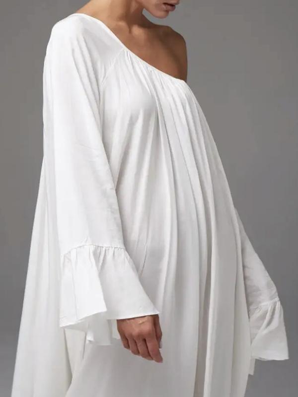 Flared Sleeves Loose Pleated Solid Color Split-Joint Round-Neck Maxi Dresses Product Image