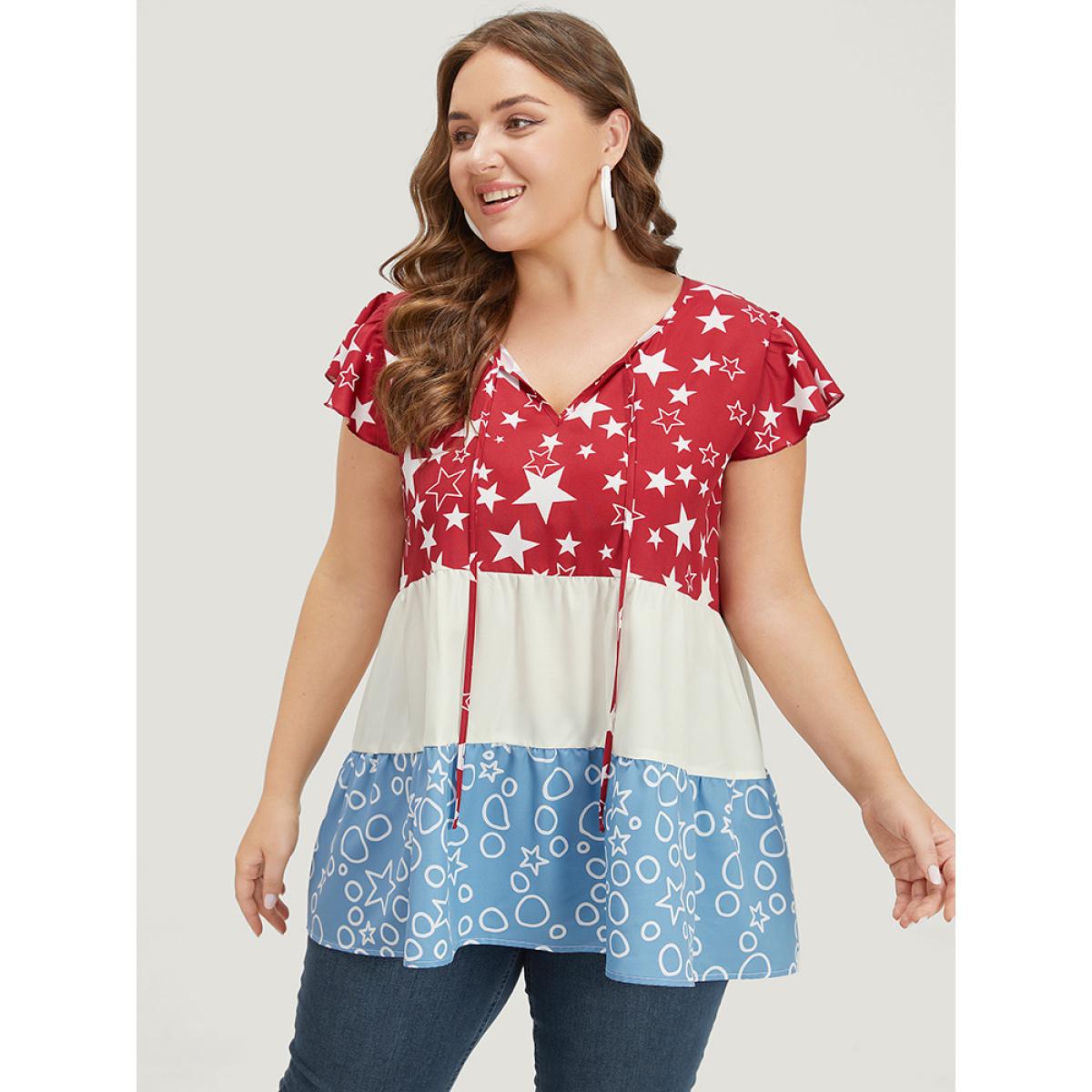 Plus Size Multicolor Star & Geo Graphic Knot Neck Patchwork Blouse Women Elegant Cap Sleeve Tie Neck Dailywear Blouses BloomChic 28/5X Product Image