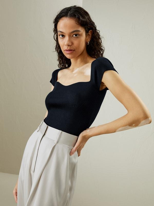 Sweetheart Neck Ribbed Silk Knit Top Product Image