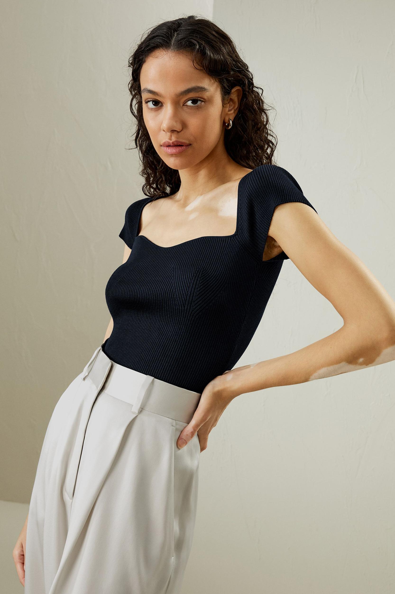 Sweetheart Neck Ribbed Silk Knit Top Product Image