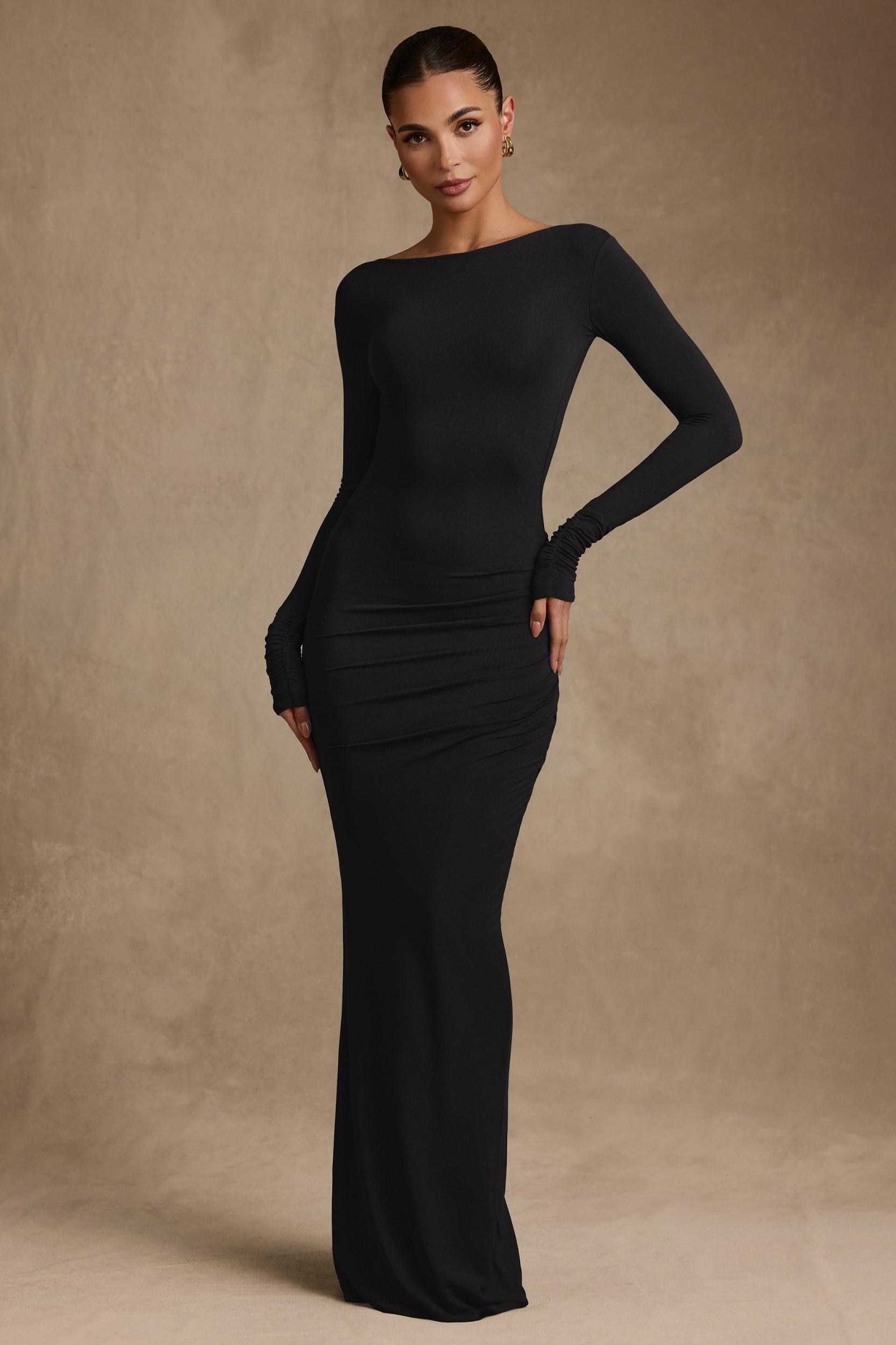 Modal Ruched Backless Maxi Dress in Black Product Image
