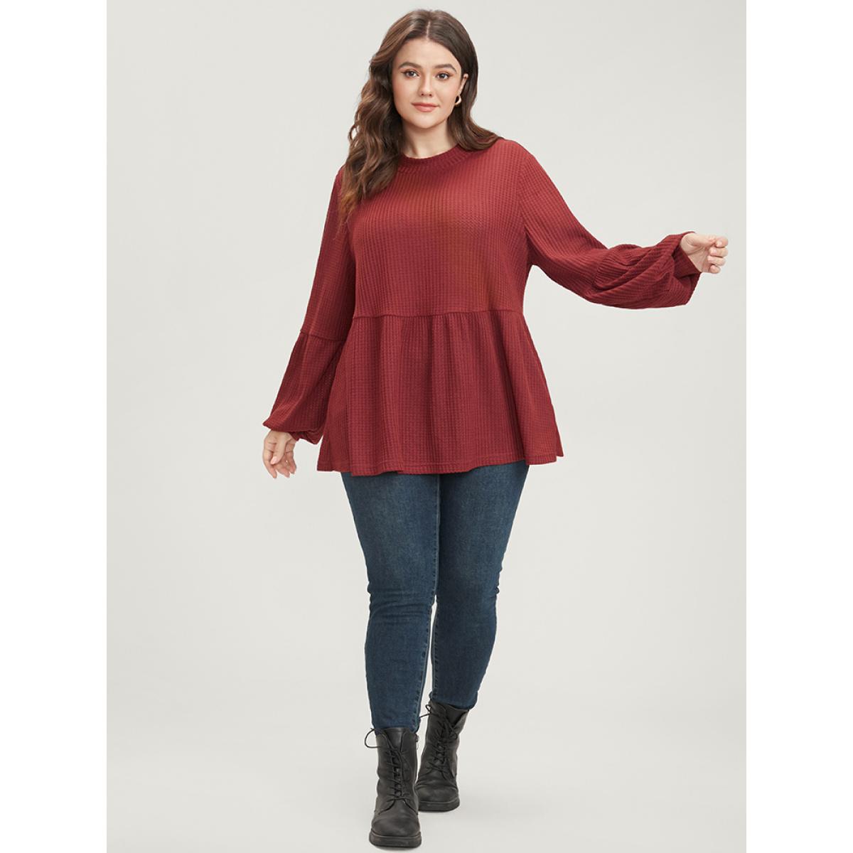 Plus Size Russet Solid Lantern Sleeve Ruffle Hem Textured Blouse Women Elegant Long Sleeve Round Neck Dailywear Blouses BloomChic 22-24/3X Product Image