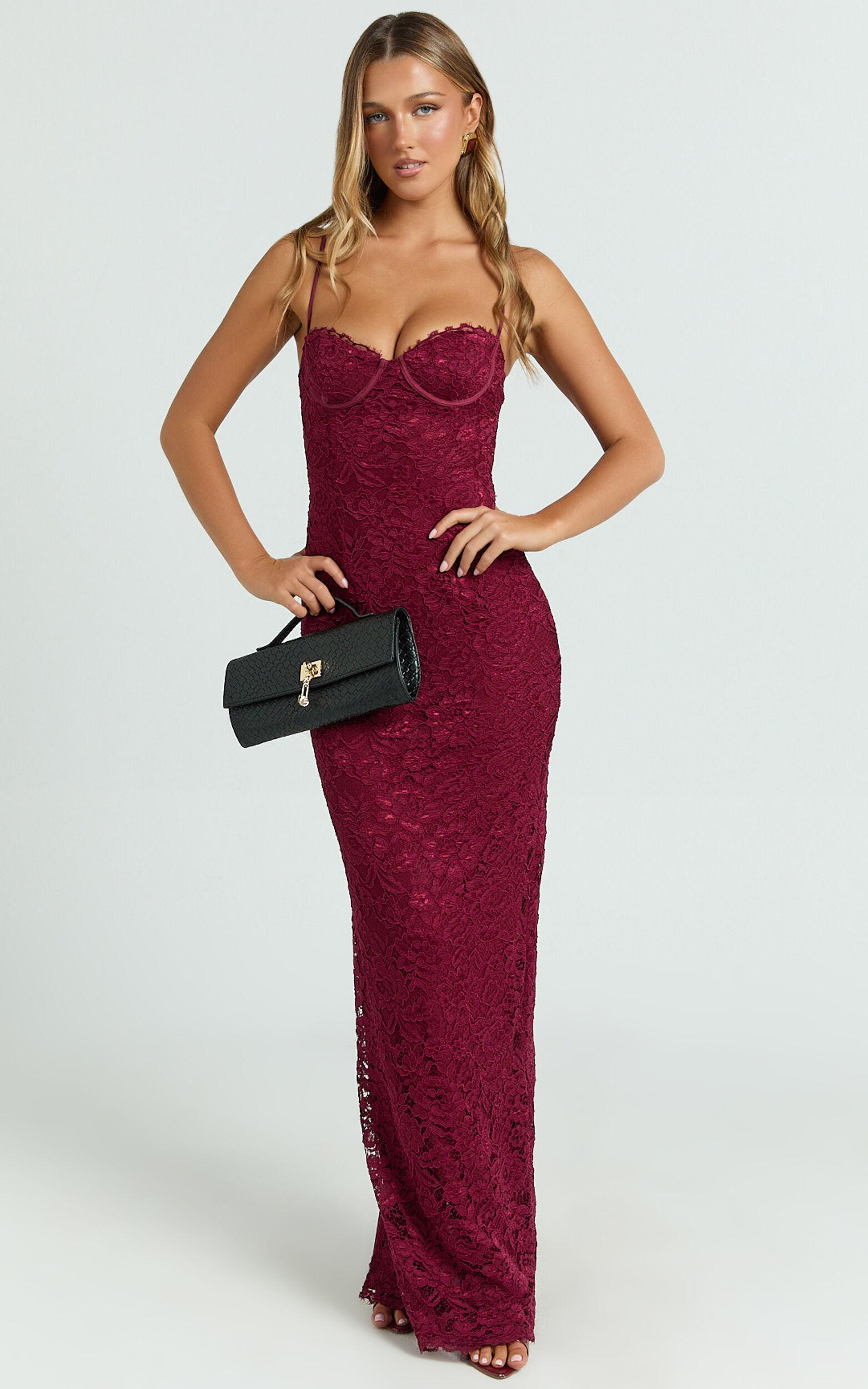 Carli Maxi Dress - Adjustable Strap Corset Bodycon Lace Dress in Wine Product Image