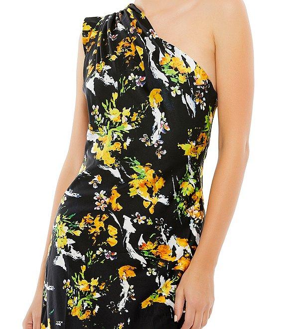 Mac Duggal Asymmetrical One Shoulder Sleeveless Floral Print Midi Dress Product Image