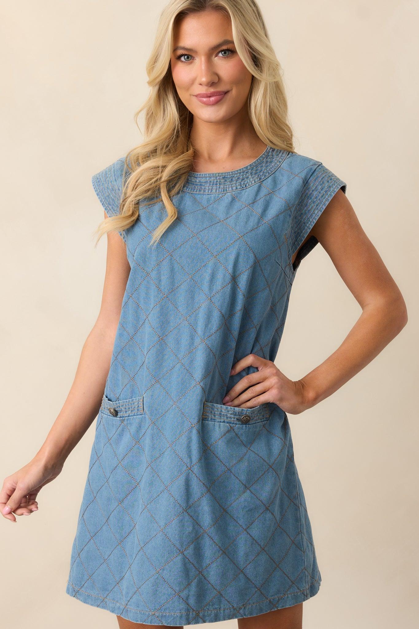 Just Wondering Light Chambray Quilted Mini Dress Product Image