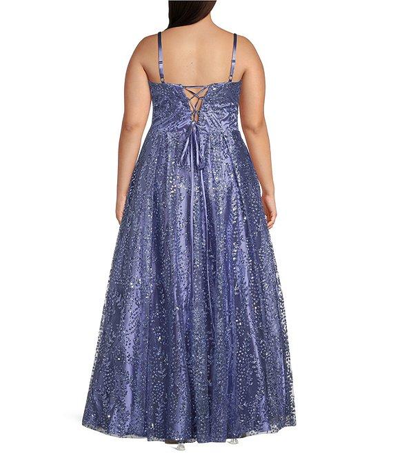 Blondie Nites Plus Size Glitter Pattern V-Neck Spaghetti Strap Mesh Corset Tie Back Ballgown Product Image