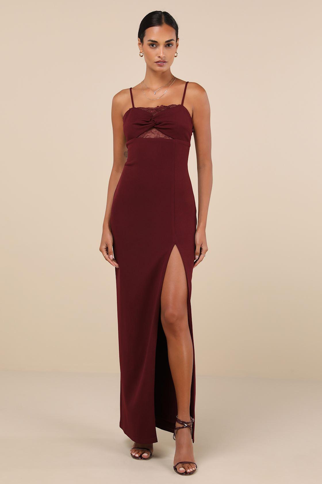 Exceptional Stunner Plum Purple Lace Twist-Front Maxi Dress Product Image