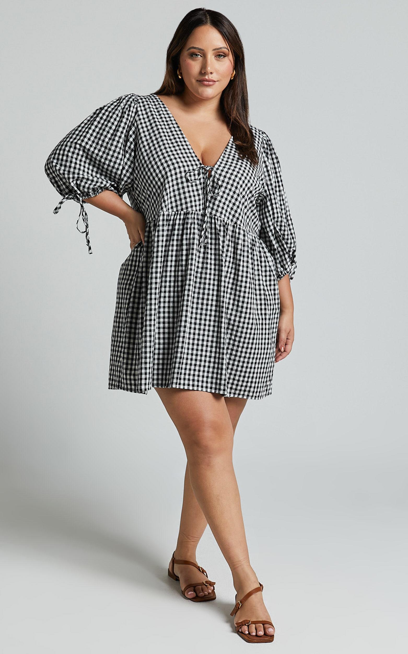 Rosita Mini Dress - Tie Front Puff Sleeve Dress in Black and White Check Product Image