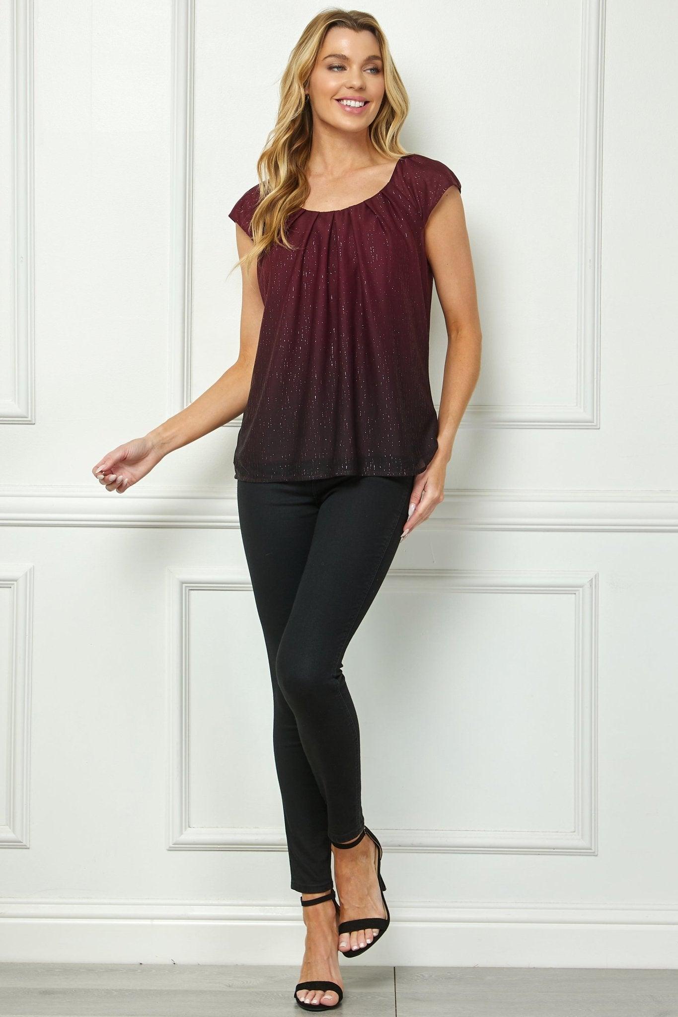 Cap Sleeve Pleat Scoop Neck Blouse, Burgundy Product Image