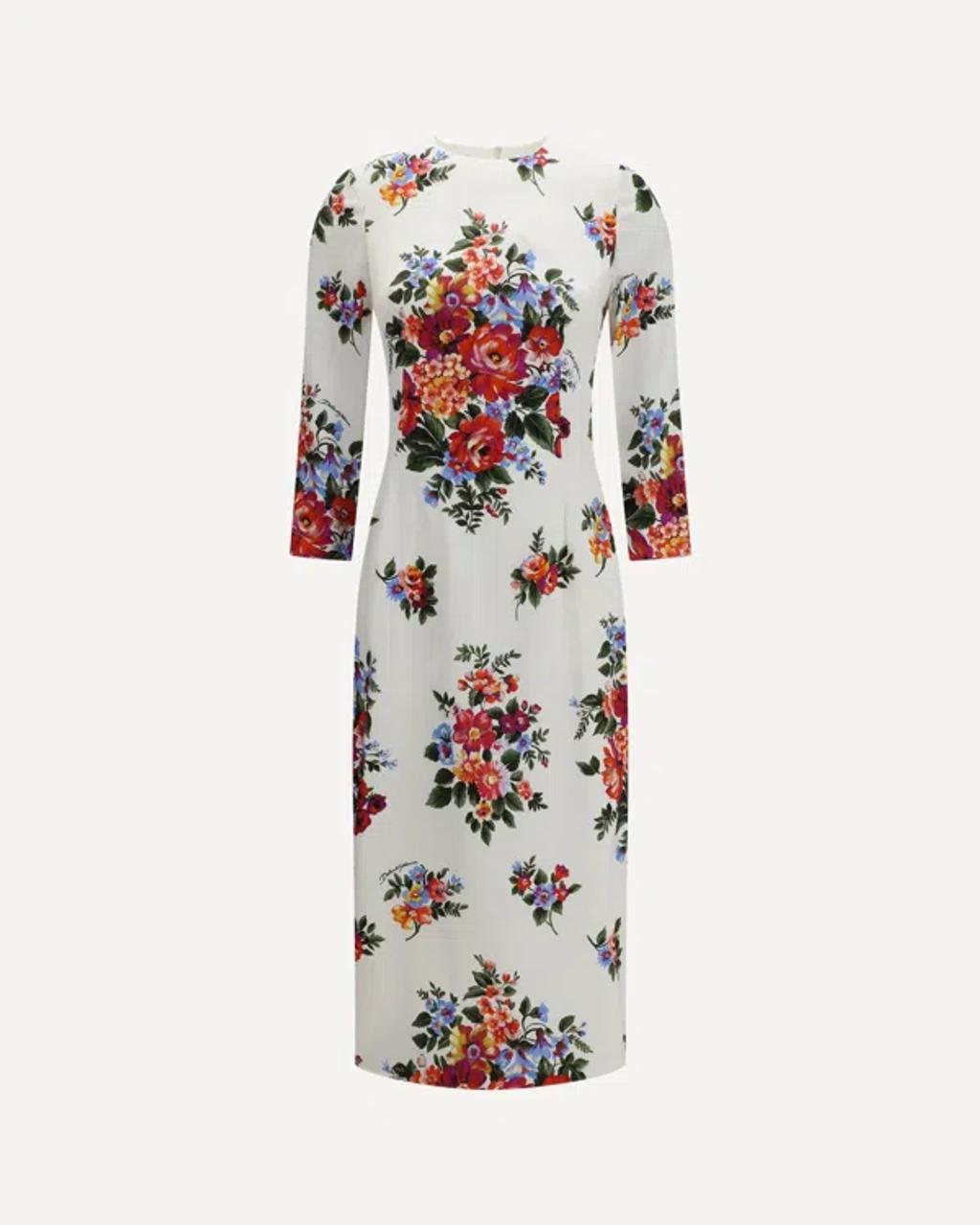 DOLCE & GABBANA Abito Midi Bianco Con Stampa Floreale Dolce E Gabbana In White Product Image