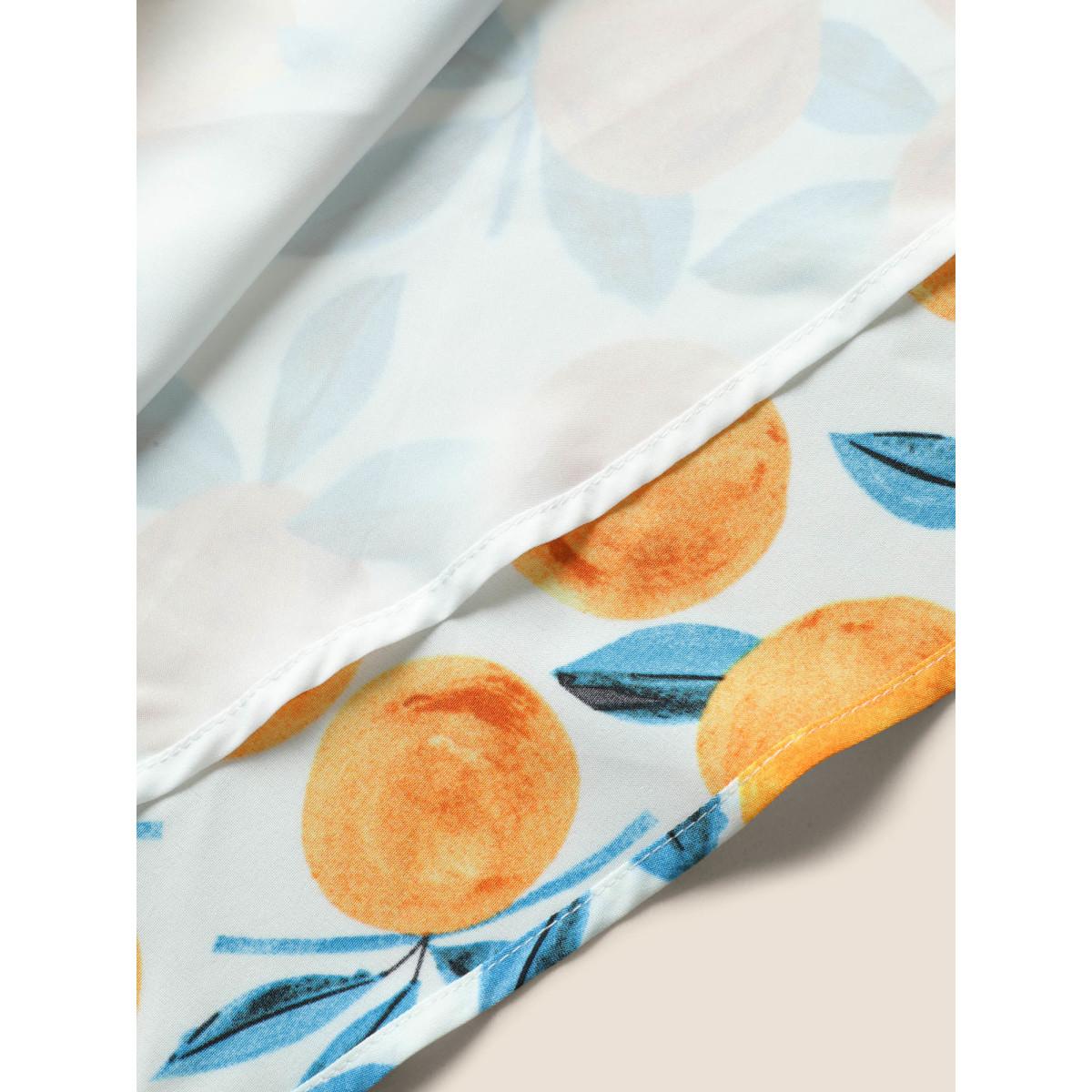 Plus Size Fruits Print Drawstring Ruched Lantern Sleeve Dress Ivory Women Elegant Gathered Tie Neck Short sleeve Curvy Midi Dress BloomChic 10/M Product Image