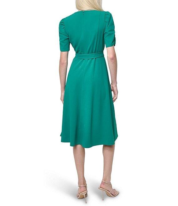 DKNY by Donna Karan Stretch Crew Neck Short Ruched Sleeve Fit and Flare Midi Dress Product Image