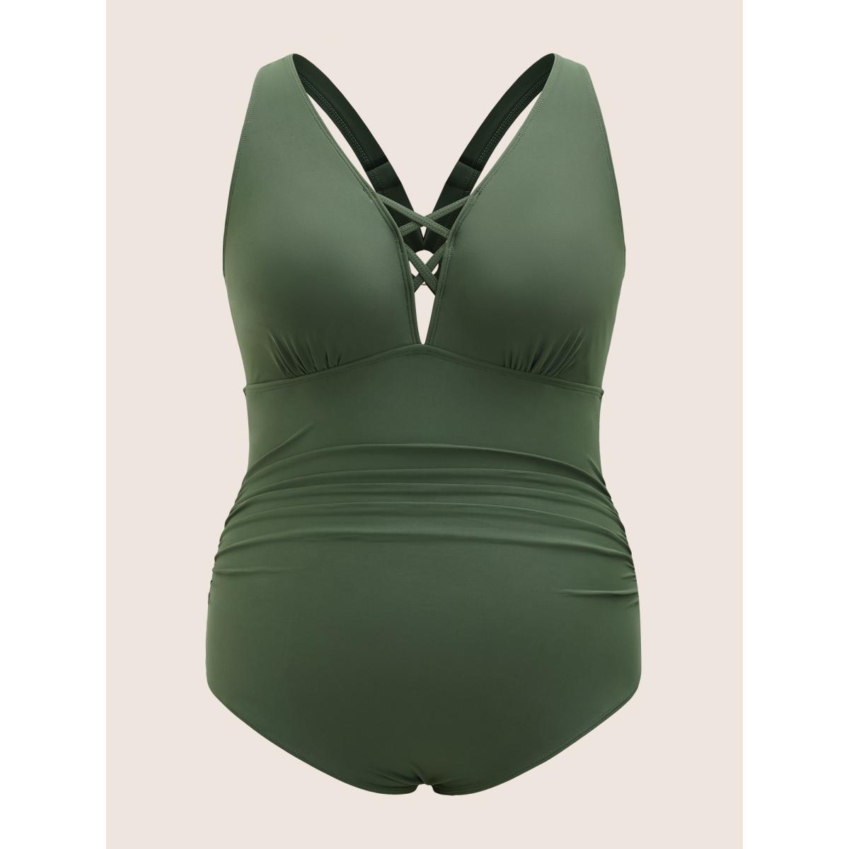 Plus Size Solid Crisscross Cut Out Backless One Piece Swimsuit Women's Swimwear ArmyGreen Beach Gathered Curve Bathing Suits High stretch One Pieces BloomChic 26/4X Product Image
