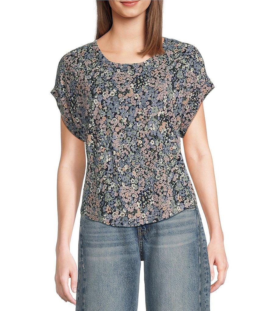 Lucky Brand Sandwash Floral Print Crew Neck Dolman Short Sleeve Tee Product Image