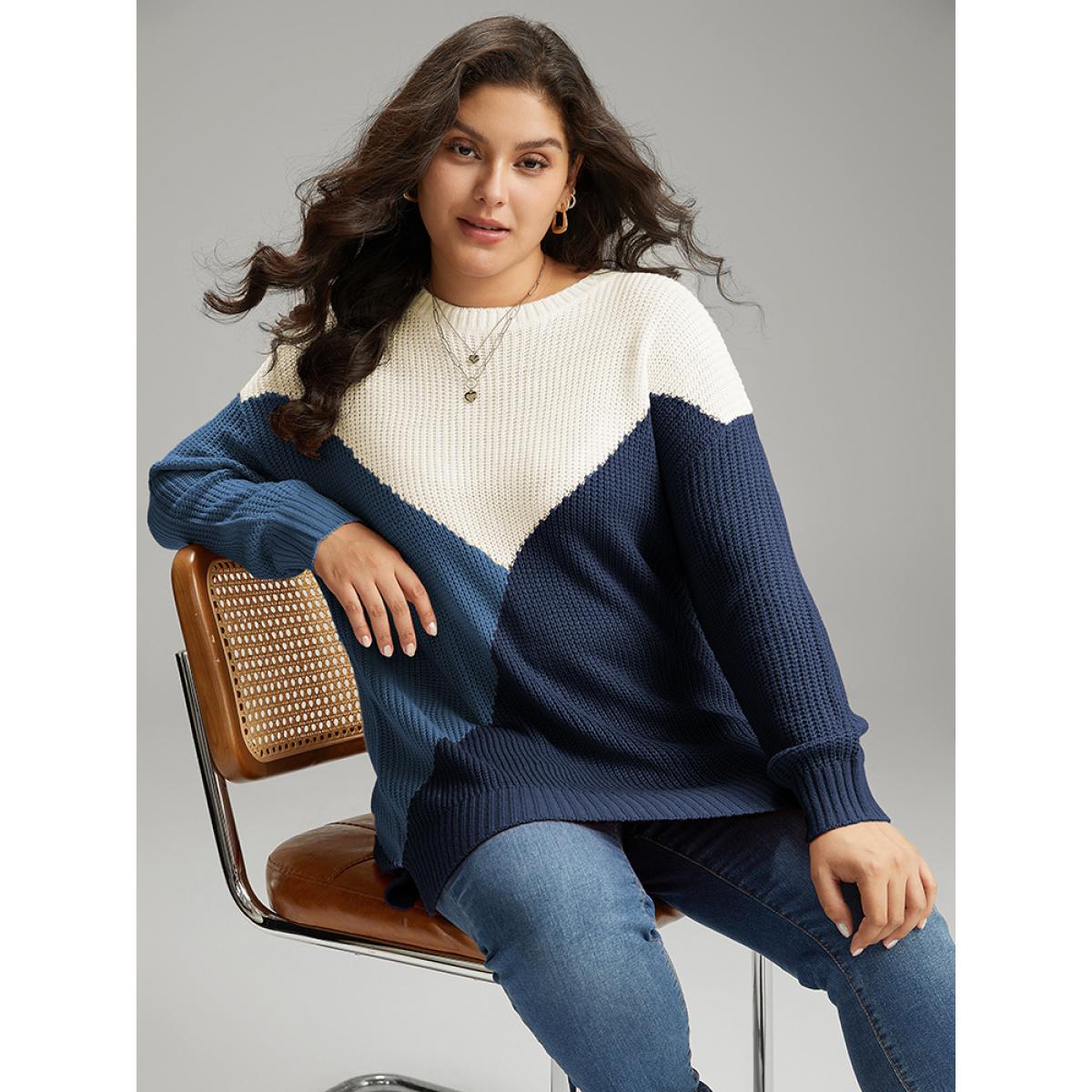 Plus Size Colorblock Split Side Drop Shoulder Pullover DarkBlue Women Casual Loose Long Sleeve Round Neck Dailywear Pullovers BloomChic 30/6X Product Image