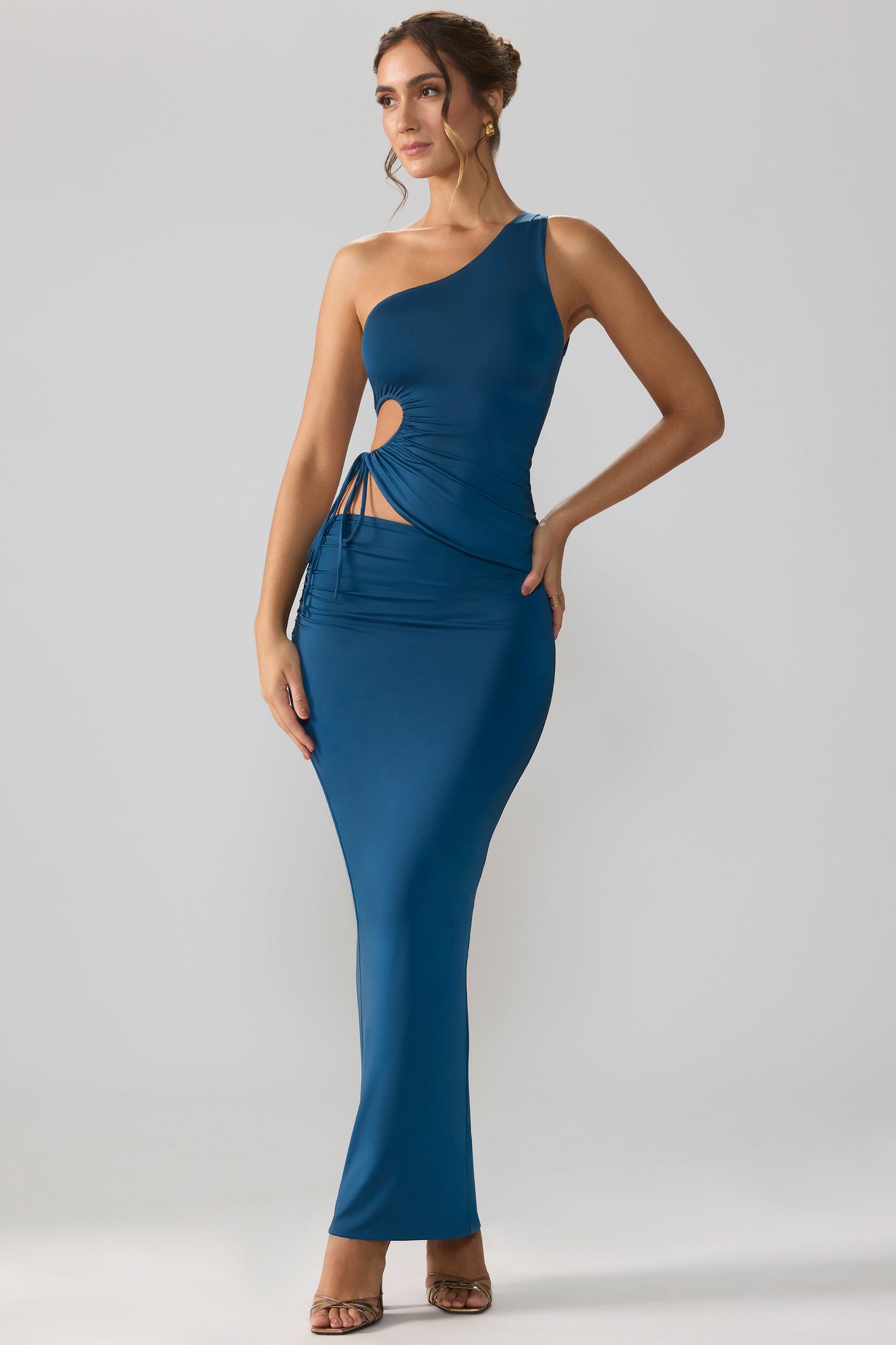 Slinky Jersey Asymmetric Waist Maxi Skirt in Midnight Blue Product Image