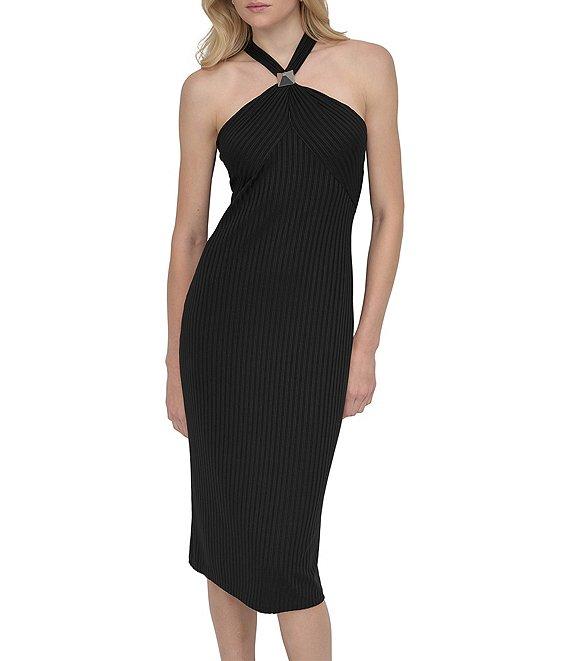 DKNY by Donna Karan Halter Criss Cross Back Ribbed Knit Sheath Midi Dress Product Image