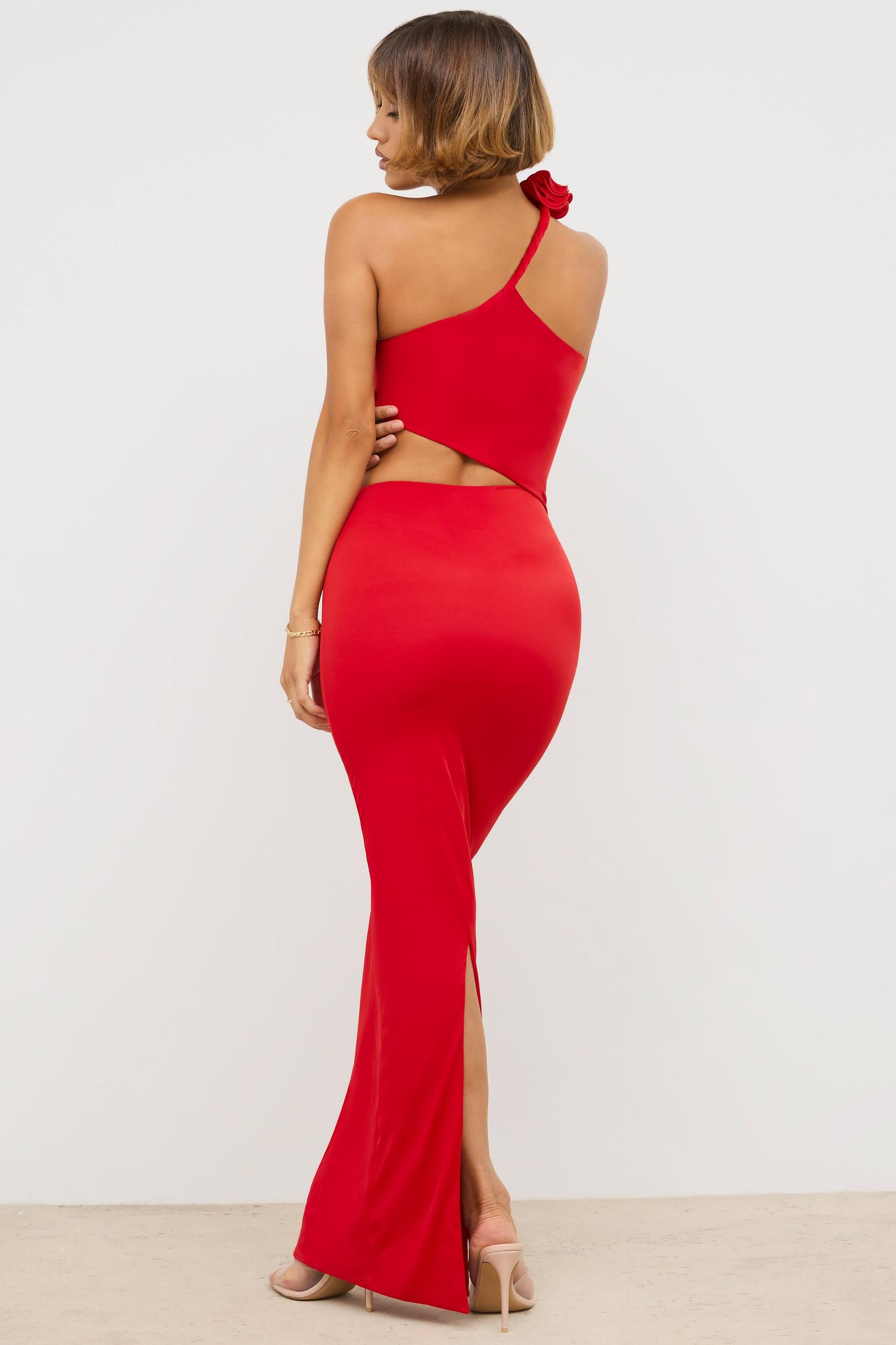 Premium Jersey Asymmetric Cut Out Maxi Dress  in Scarlet Red Product Image