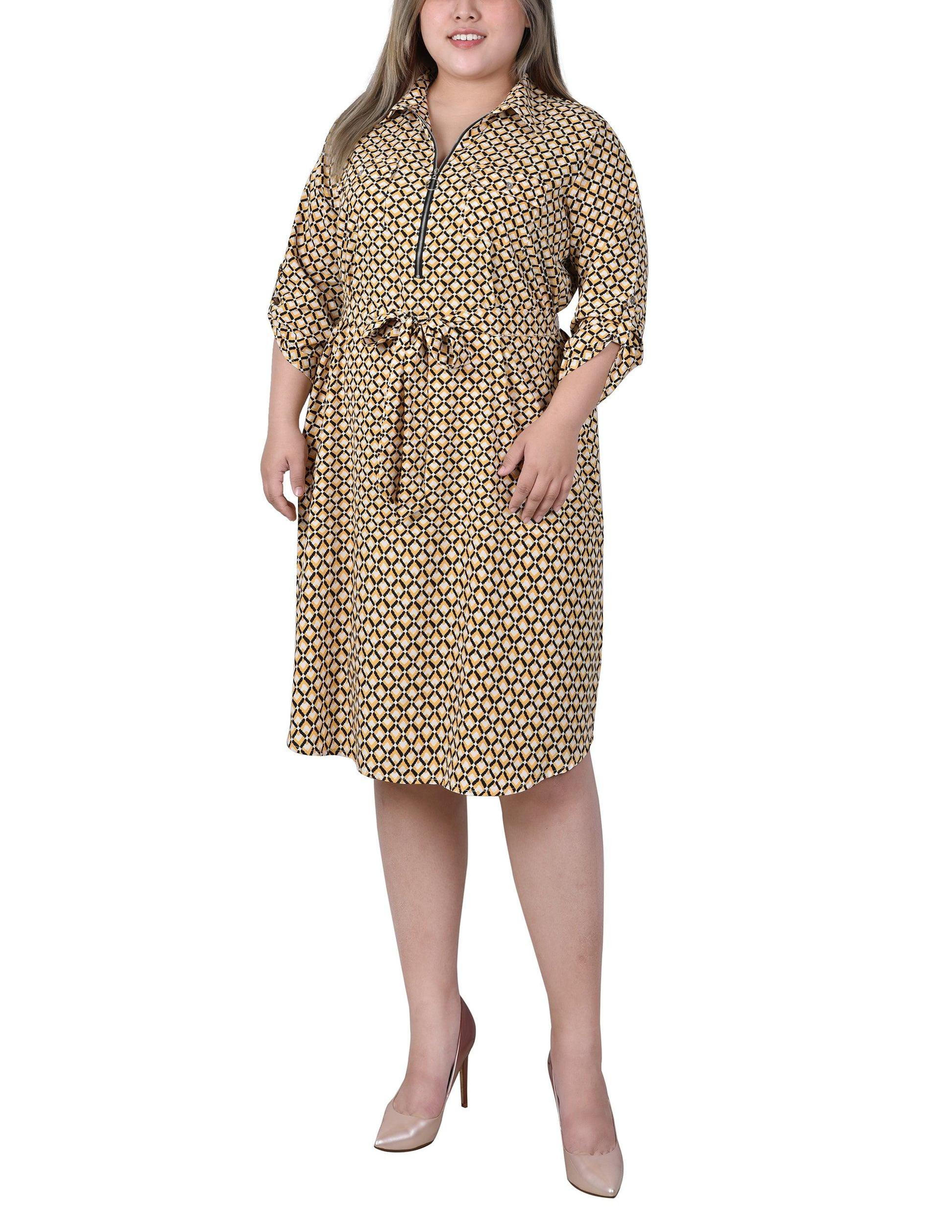 Yellow White Black Diamond 3/4 Roll Tab Sleeve Zippered Shirtdress - Plus Product Image