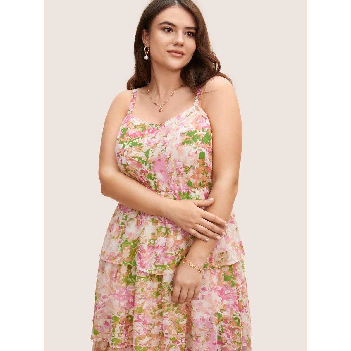 Plus Size Chiffon Floral Shirred Ruffle Layered Hem Dress Multicolor Women Elegant Shirred Non Sleeveless Curvy BloomChic 26/4X Product Image