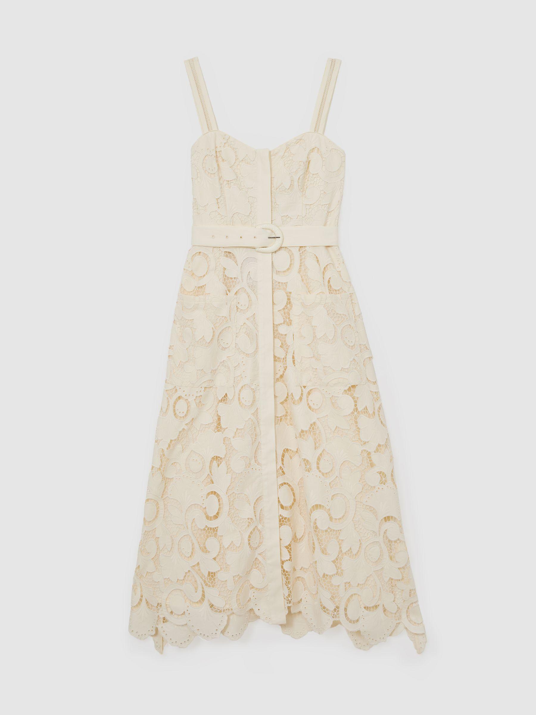 Cotton-Blend Lace Button-Front Midi Dress in Cream Product Image