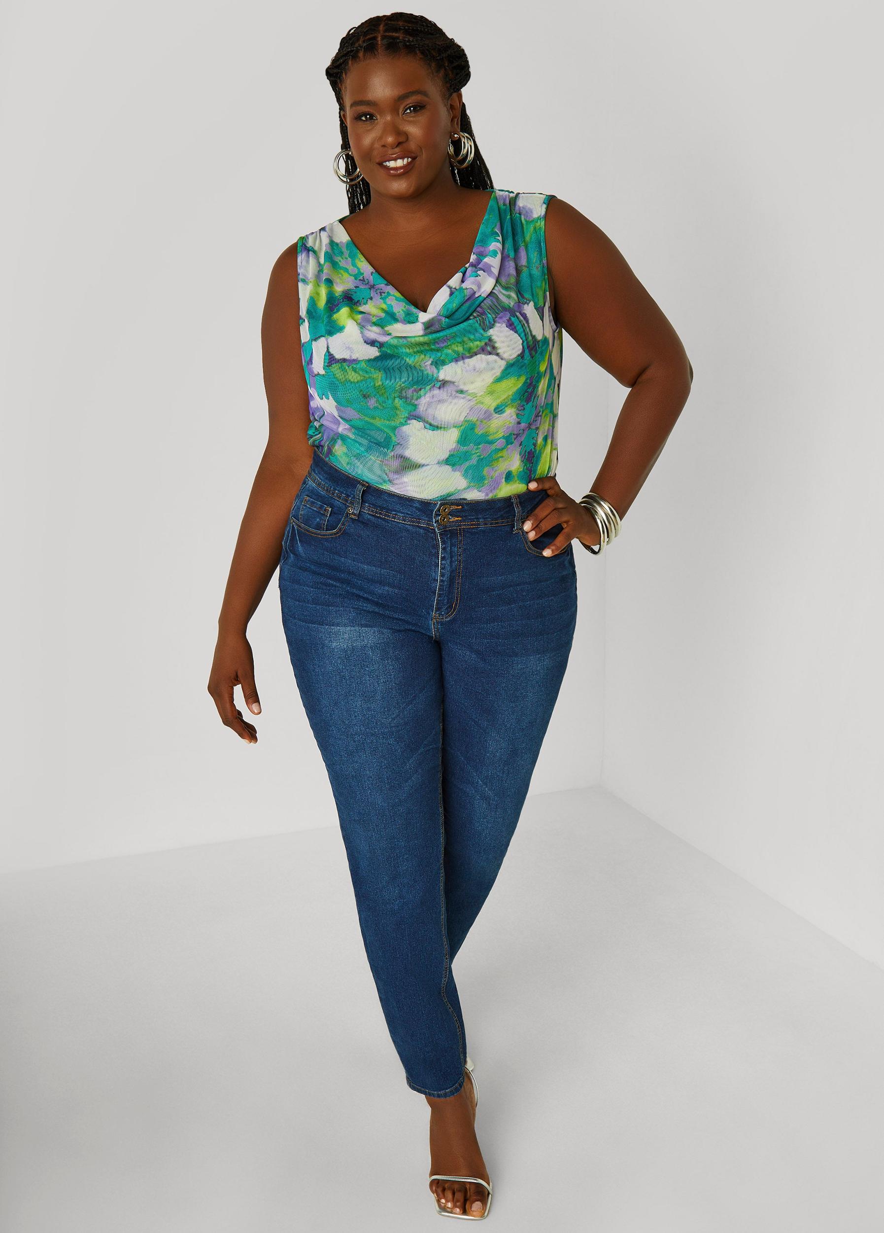 Plus Size Cowl Neck Printed Mesh Top Ashley Stewart Product Image