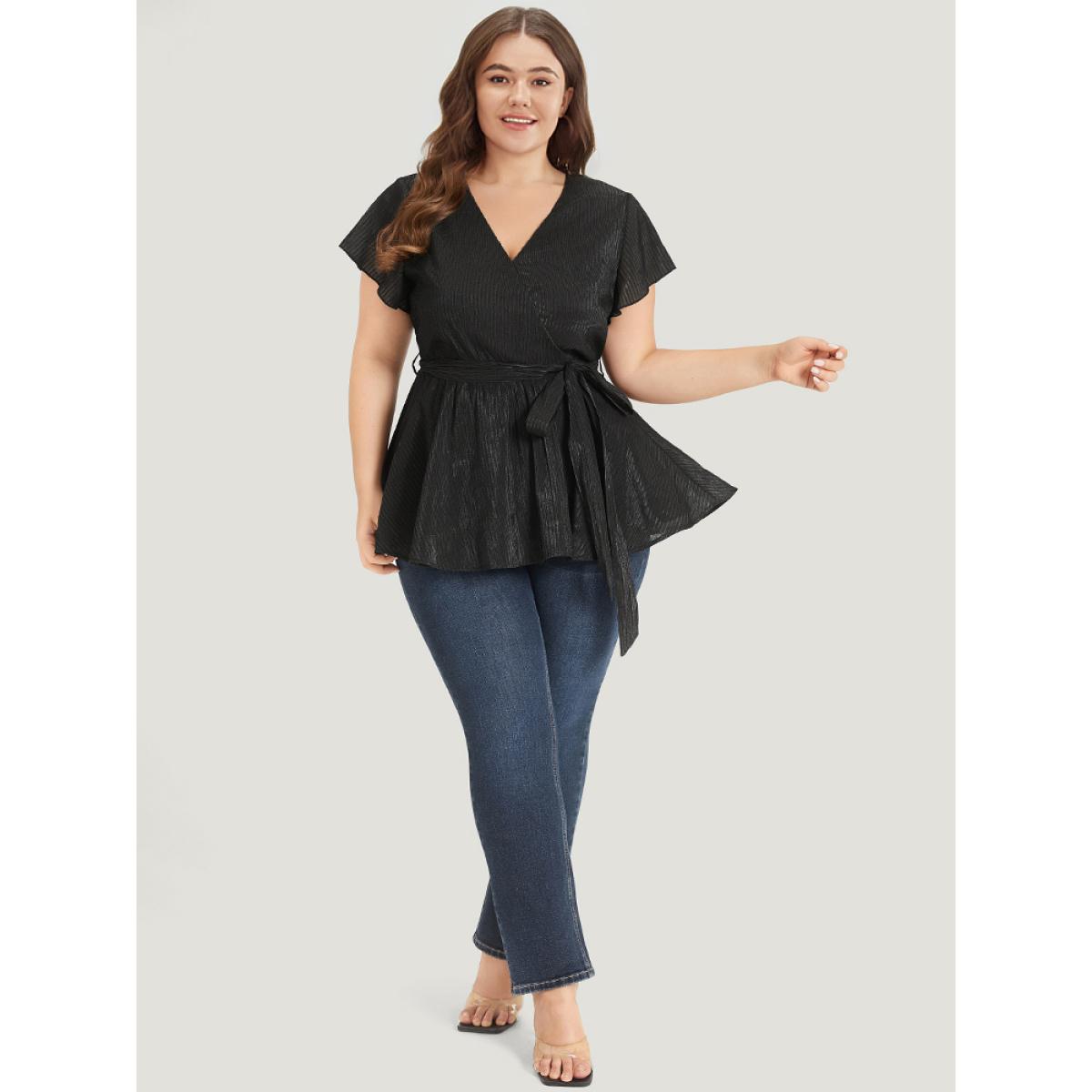 Plus Size Black Plain Plisse Surplice Neck Belted Flutter Blouse Women Elegant Short sleeve V-neck Dailywear Blouses BloomChic 30/6X Product Image