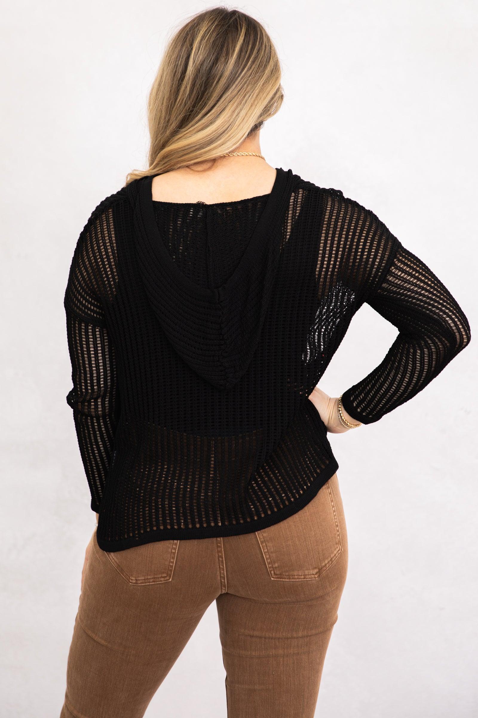 Black Lightweight Crochet Hoodie Tunic Top Product Image