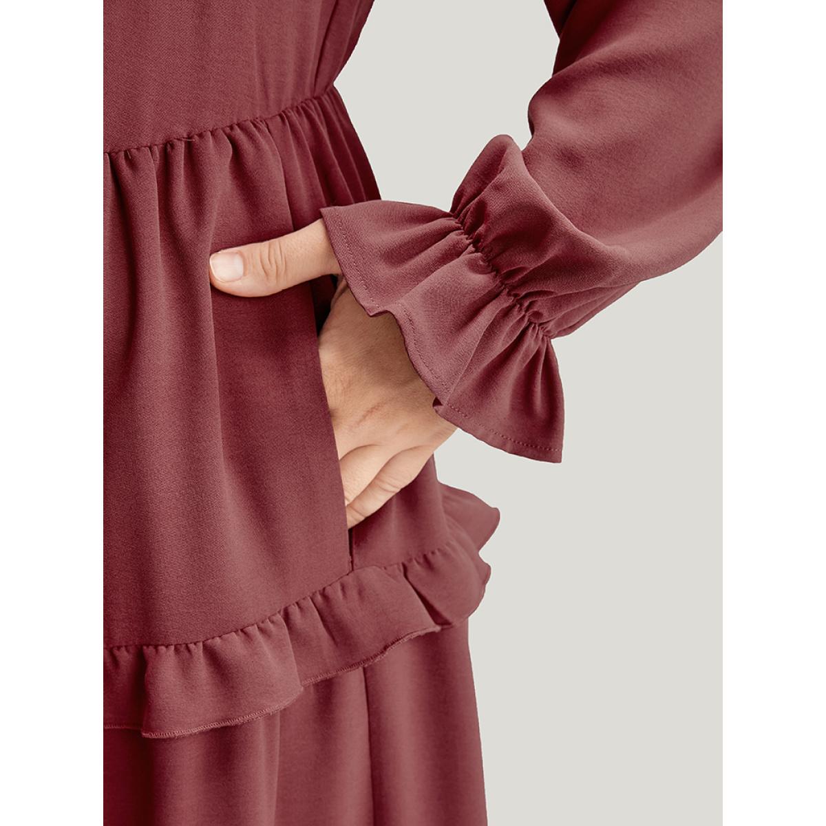 Plus Size Solid Lantern Sleeve Pocket Ruffle Hem Dress Russet Women Elegant V-neck Long Sleeve Curvy Long Dress BloomChic 12/L Product Image