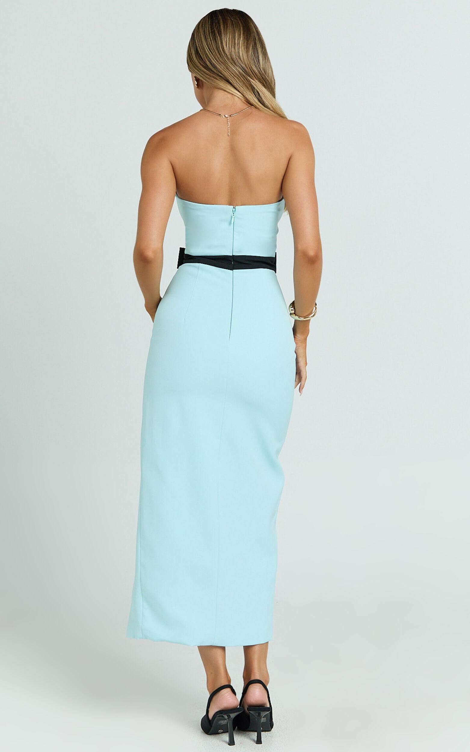 Veronica Midi Dress - Sweetheart Strapless Bow Detail High Split Dress in Blue & Black Product Image