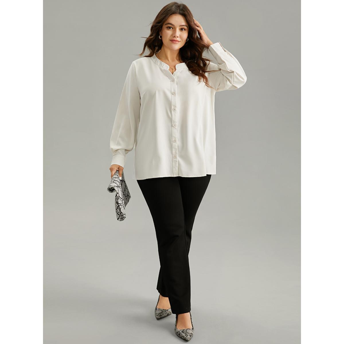 Plus Size Ivory Solid Notched Button Through Blouse Women Office Long Sleeve Notched collar Office Blouses BloomChic 18-20/2X Product Image