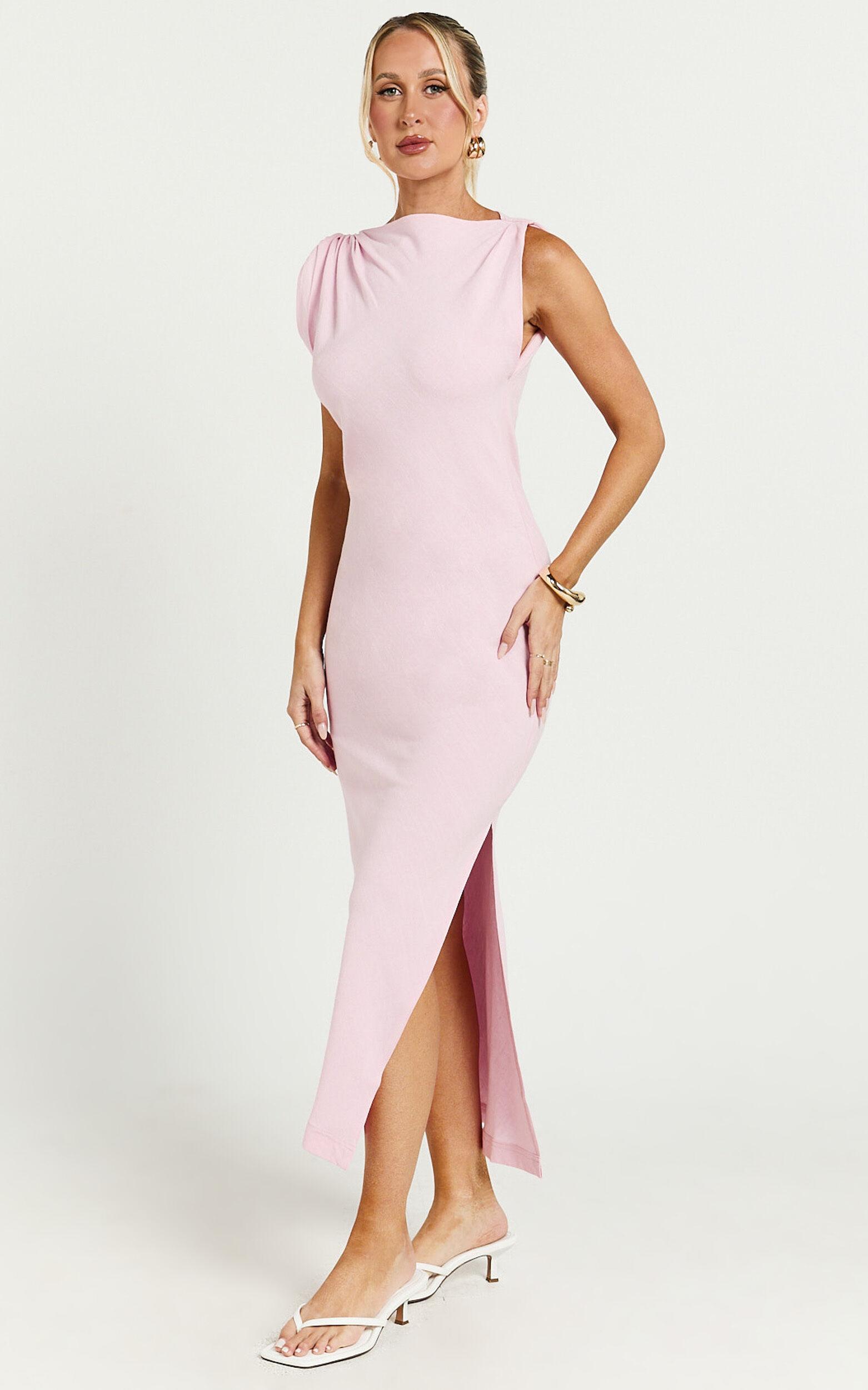 Jessenia Midi Dress - Linen High Neck Dress in Soft Pink Product Image