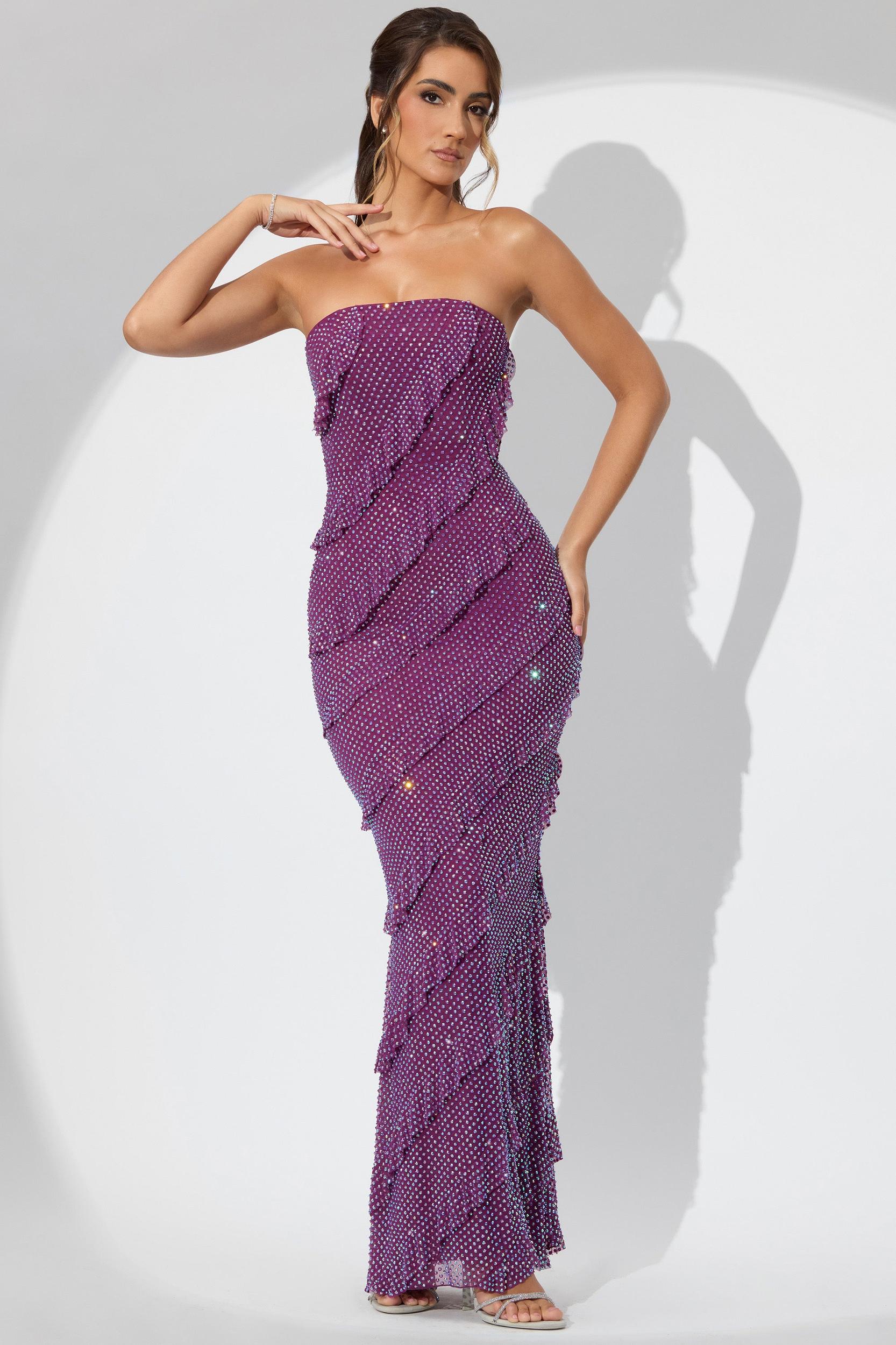Embellished Strapless Ruffle Maxi Dress in Plum Product Image