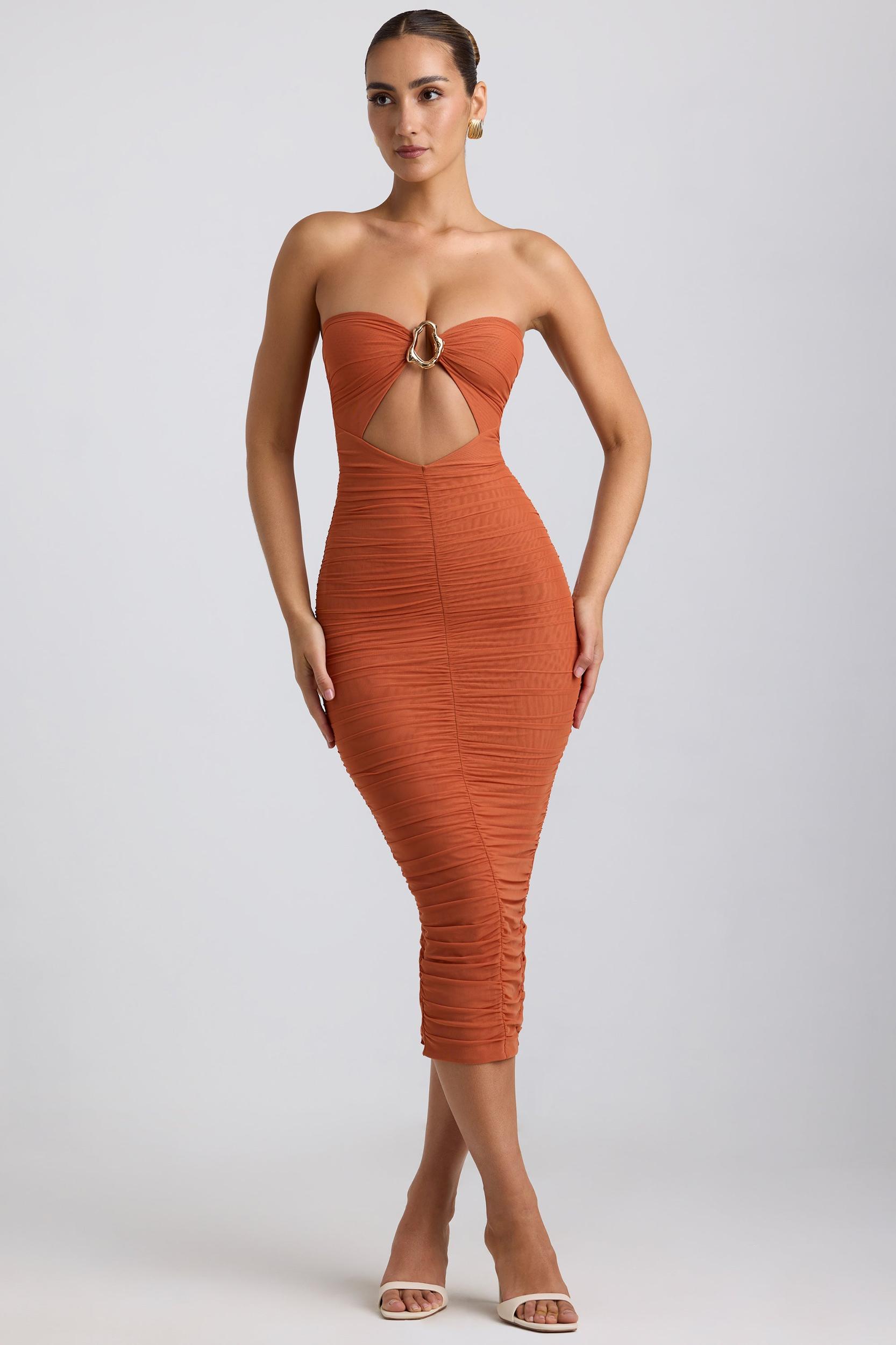 Ruched Hardware Detail Strapless Midaxi Dress in Burnt Orange Product Image