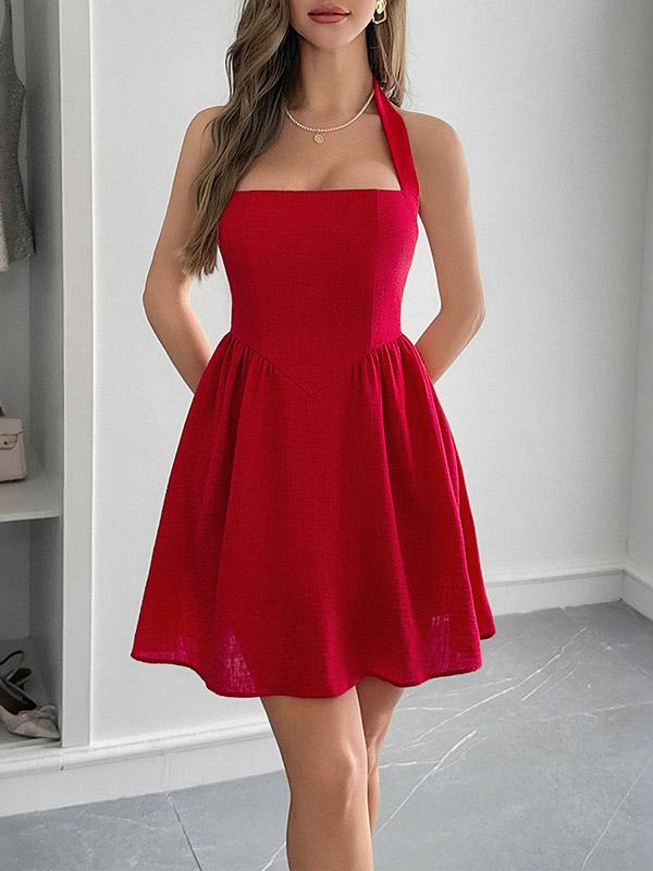 A-Line High Waisted Backless Pleated Pockets Solid Color Halter-Neck Mini Dresses Product Image