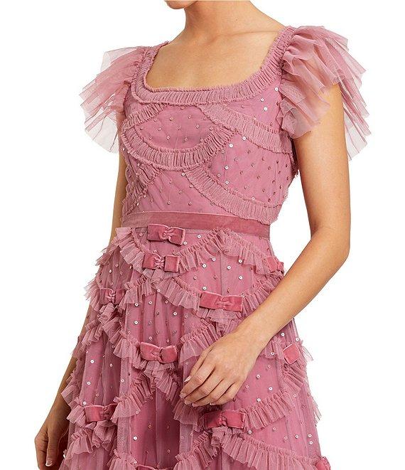 Mac Duggal Square Neck Ruffle Shoulder Dotted Sequined Mesh Micro Ruffle Bow Midi Dress Product Image