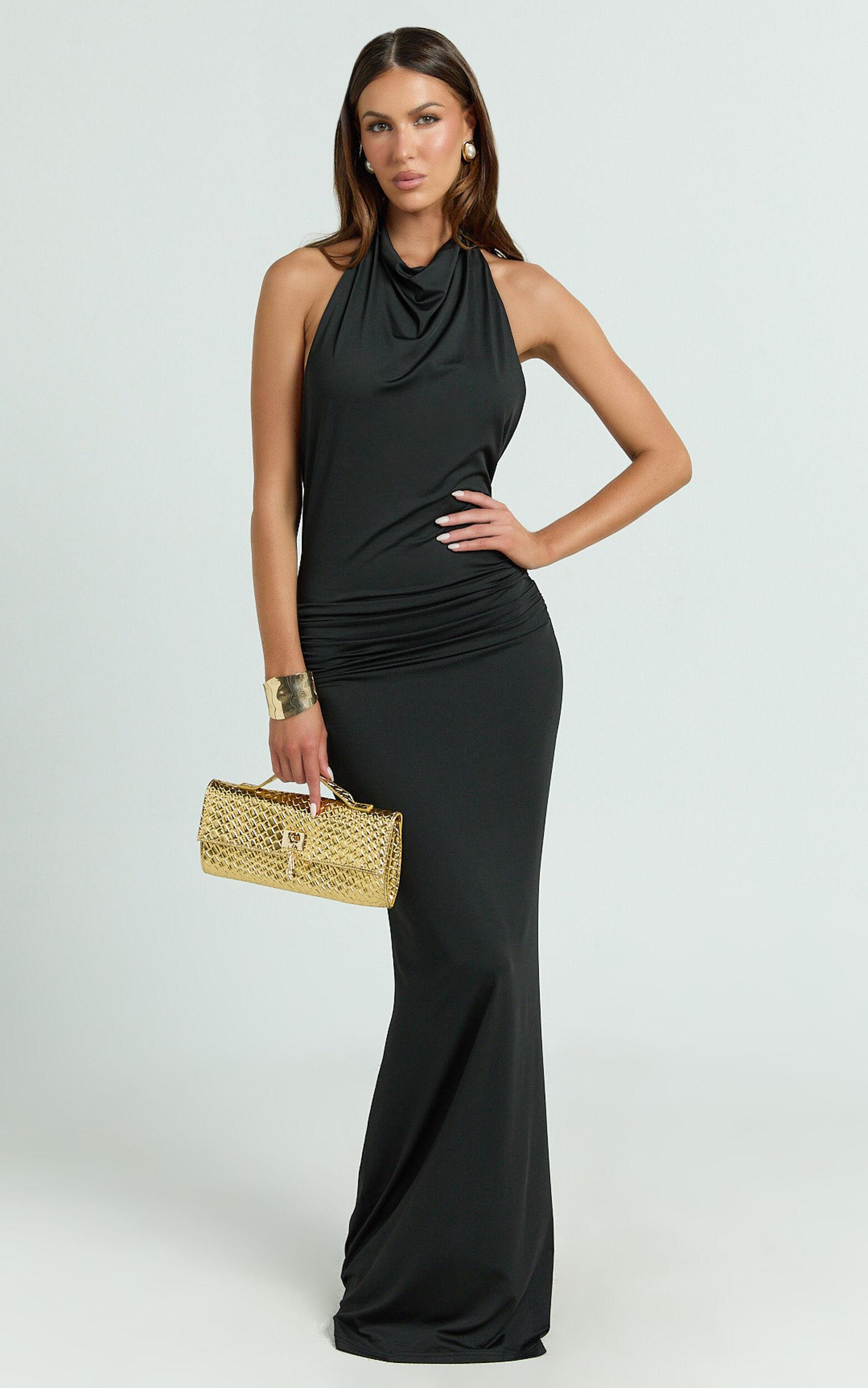 Lizzy Maxi Dress - Backless Ruched Bodycon Dress in Black Product Image