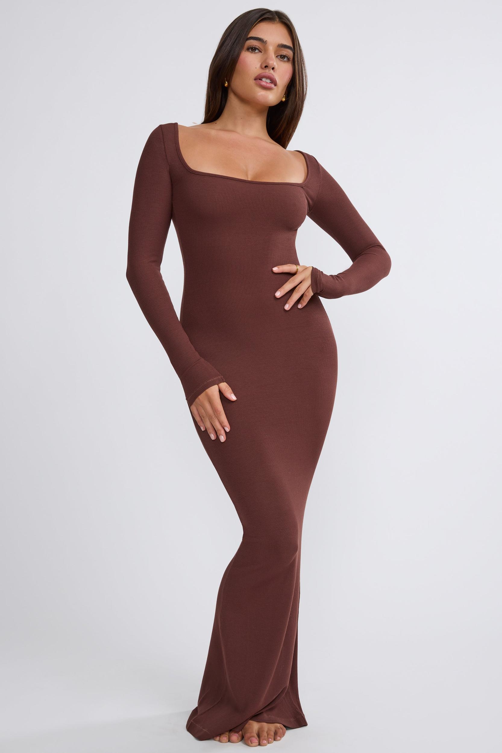 Ribbed Modal Long Sleeve Maxi Dress in Chocolate Product Image