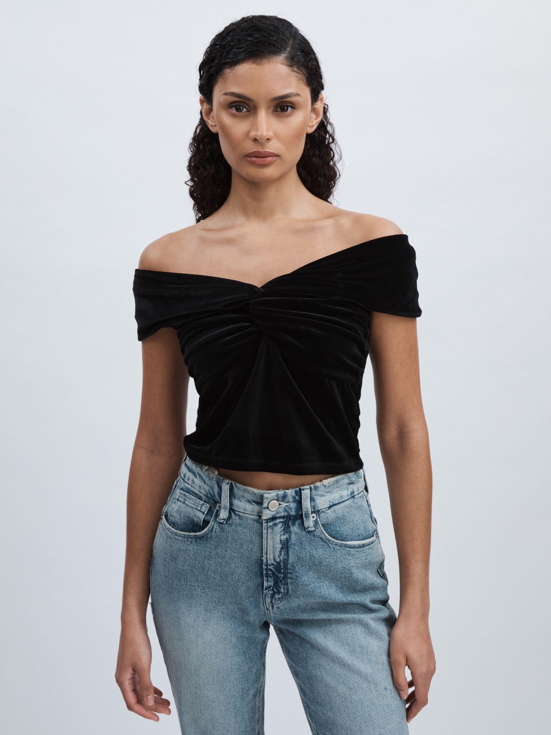 Good American Off-Shoulder Velvet Top in Black Product Image