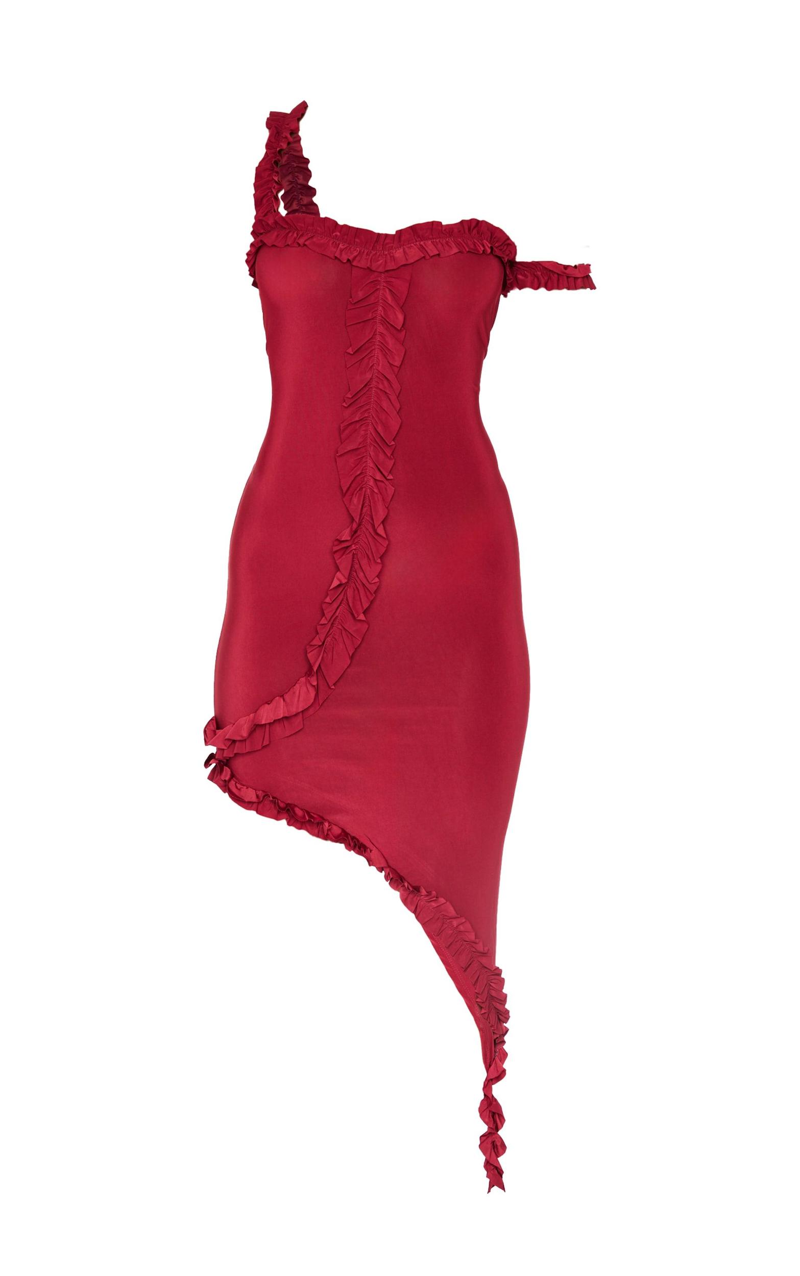 Burgundy Double Layer Slinky Frill Hem Asymetric Midi Dress Product Image
