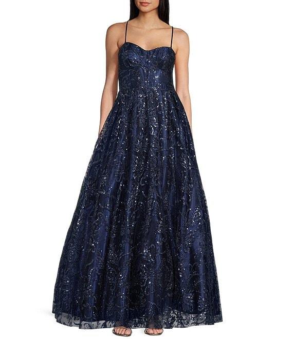Blondie Nites Glitter Mesh Leaf Print Sweetheart Neck X-Back Tie Back A-Line Ball Gown Product Image