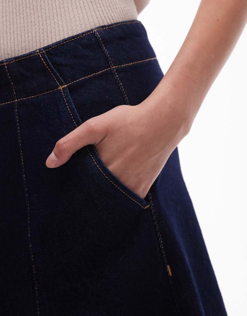 Mango denim pleated midi skirt in dark blue Product Image