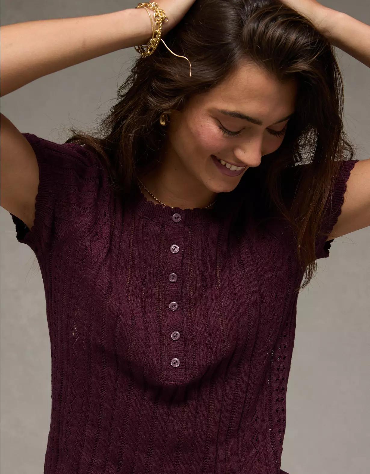 AE Henley Pointelle Sweater T-Shirt Product Image