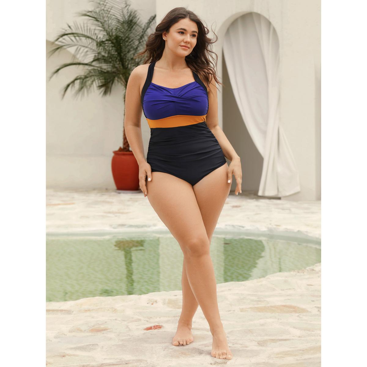 Plus Size Twisted Front Color Contrast One-Piece Swimsuit Women's Swimwear DarkBlue Beach Curve Bathing Suits High stretch One Pieces BloomChic 30/6X Product Image