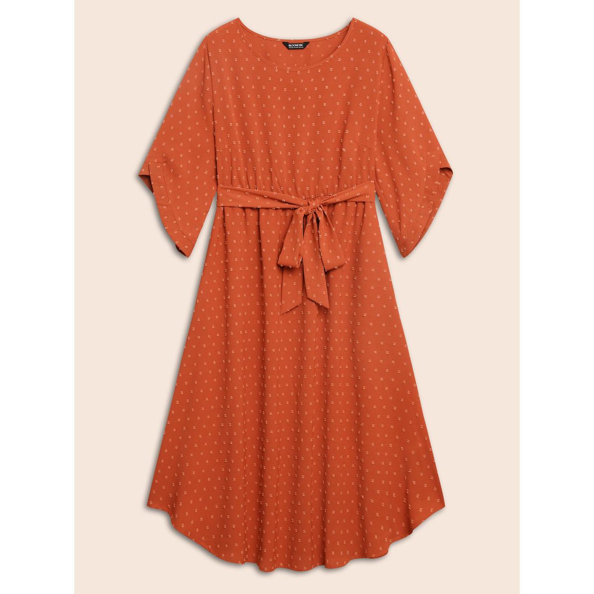 Plus Size Textured Bell Sleeve Belted Arc Hem Dress OrangeRed Women Elegant Texture Round Neck Elbow-length sleeve Curvy BloomChic 18-20/2X Product Image