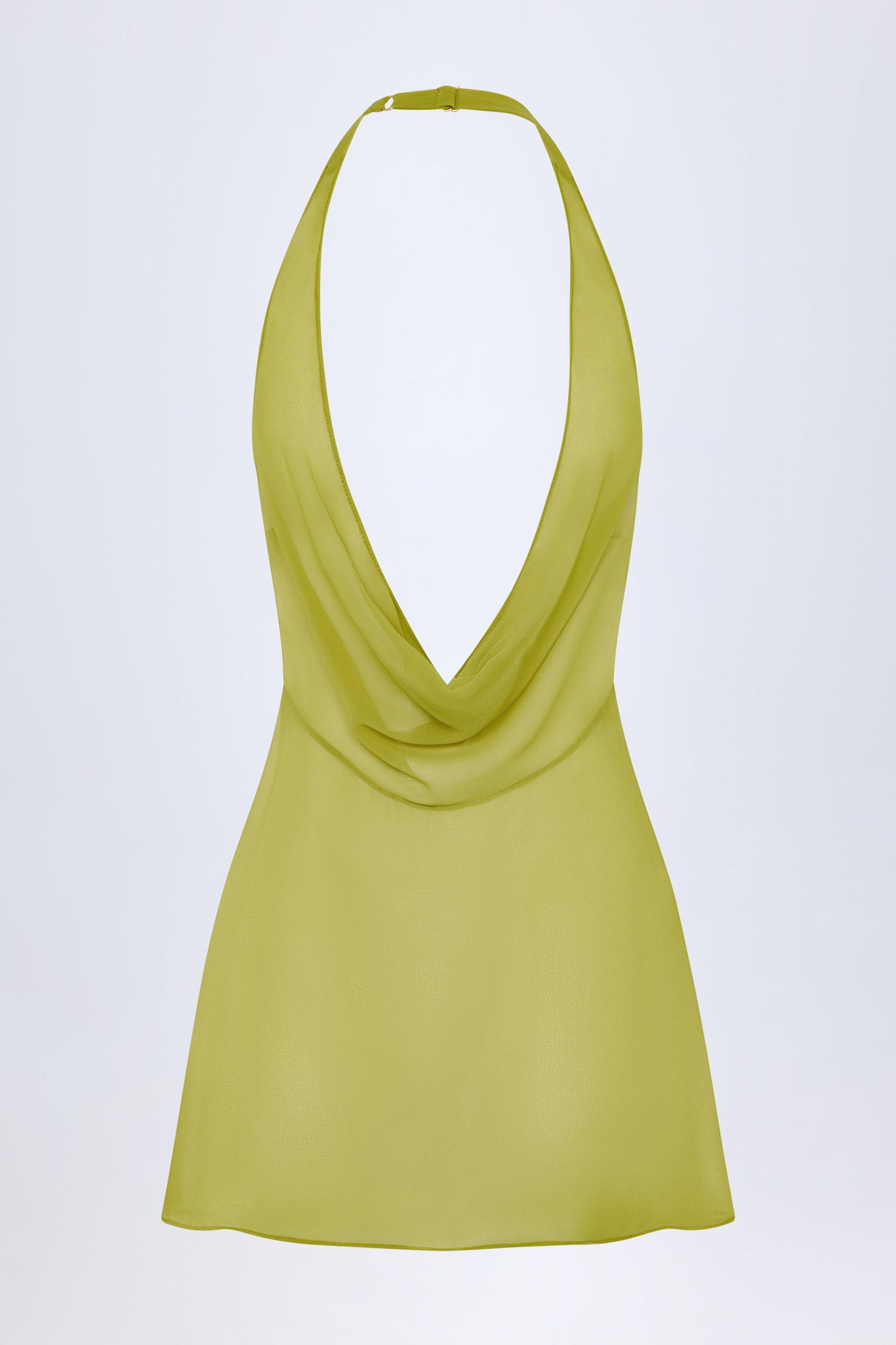 Cowl-Neck Backless Mini Dress in Olive Green Product Image